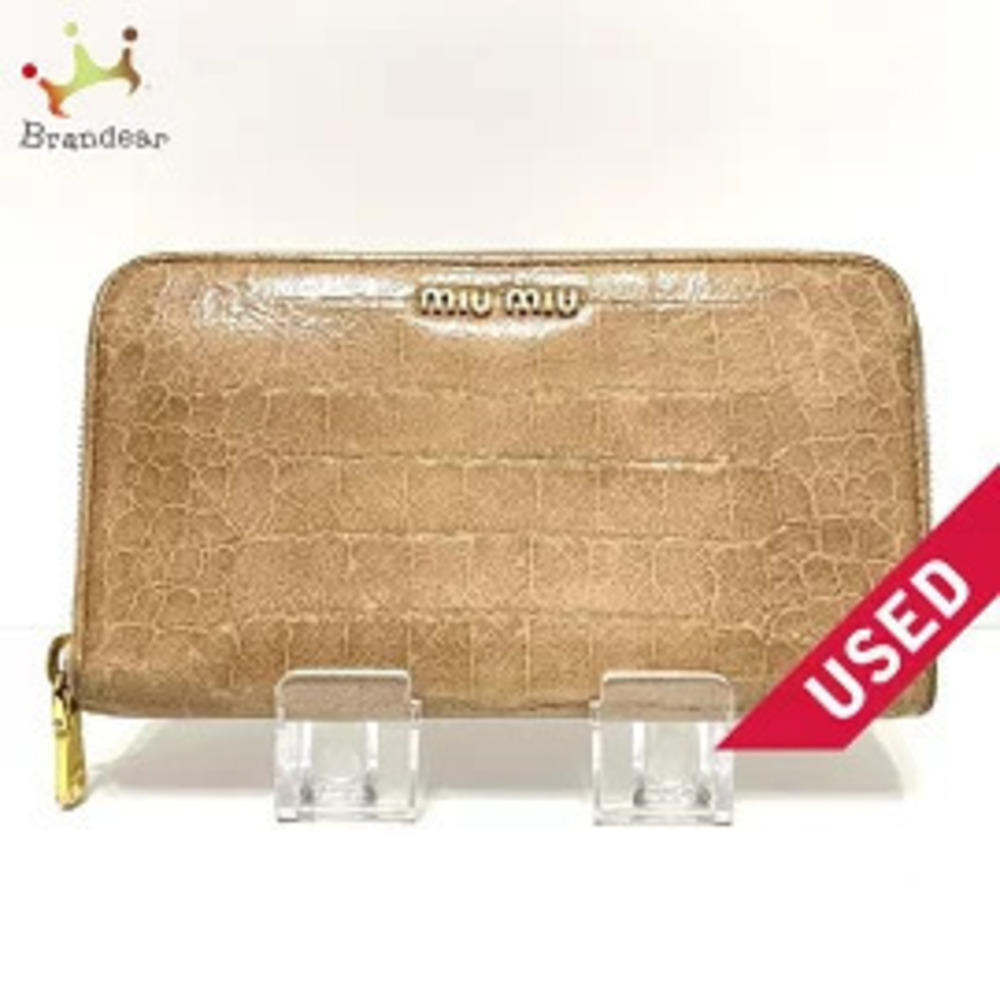 Miu Miu Long Wallet Embossed Leather Round Zipper Pink Beige Cream Enamel